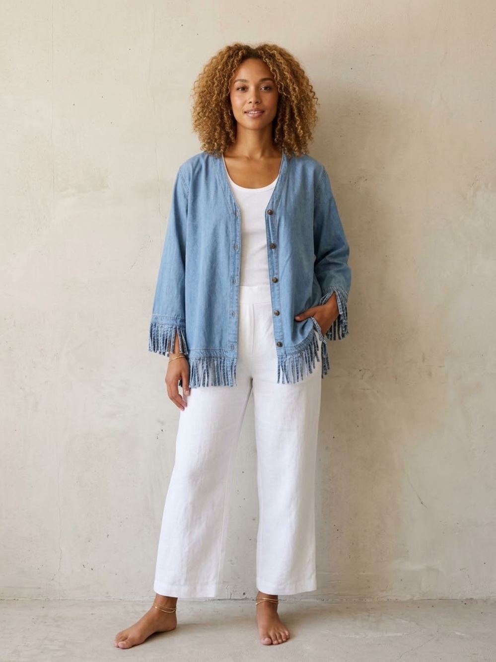 CMC Color Me Cotton XL Blue Denim Fringe Hem Blouse Boho Western Cottagecore